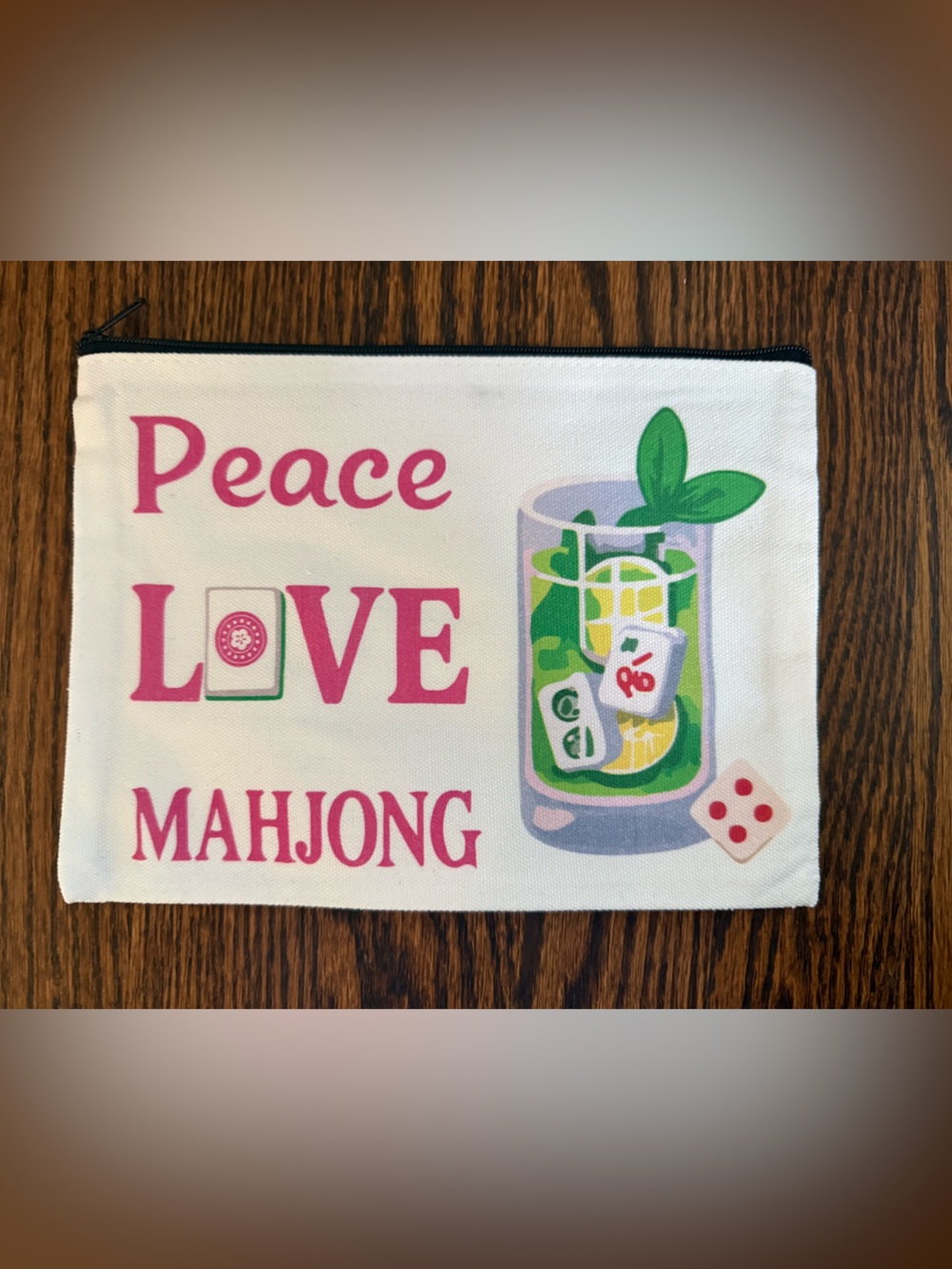 Peace Love Mahjong Canvas Zip Pouch - Pink White